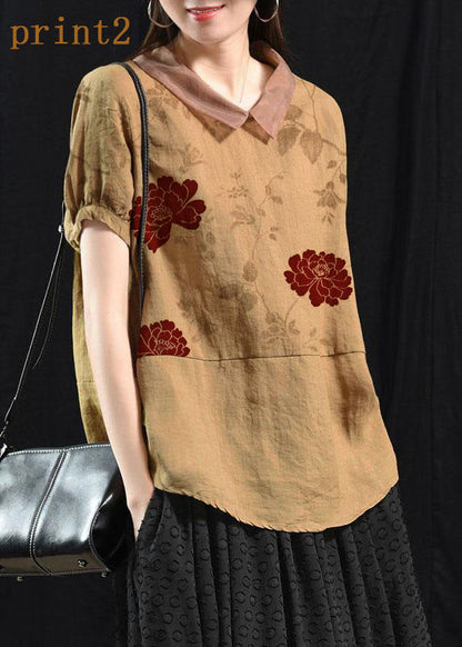 Khaki Patchwork Turn-down Collar Summer Short Sleeve Top
