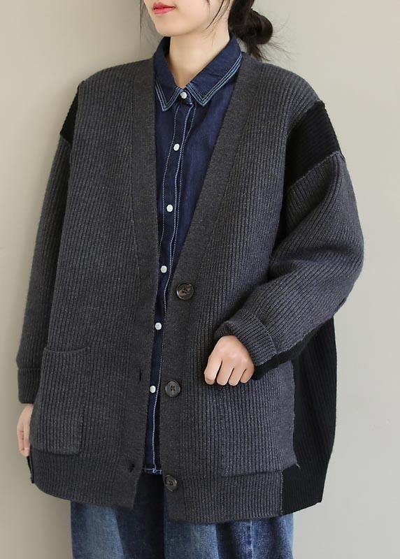 For Gray Knitted Pullover V Neck Button Downfall Knit Ssweat Tops