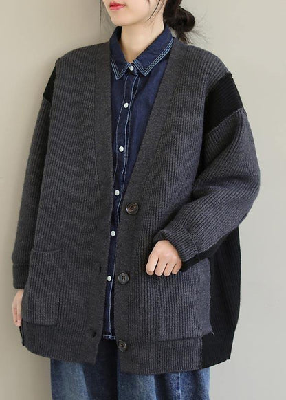 For Gray Knitted Pullover V Neck Button Downfall Knit Ssweat Tops