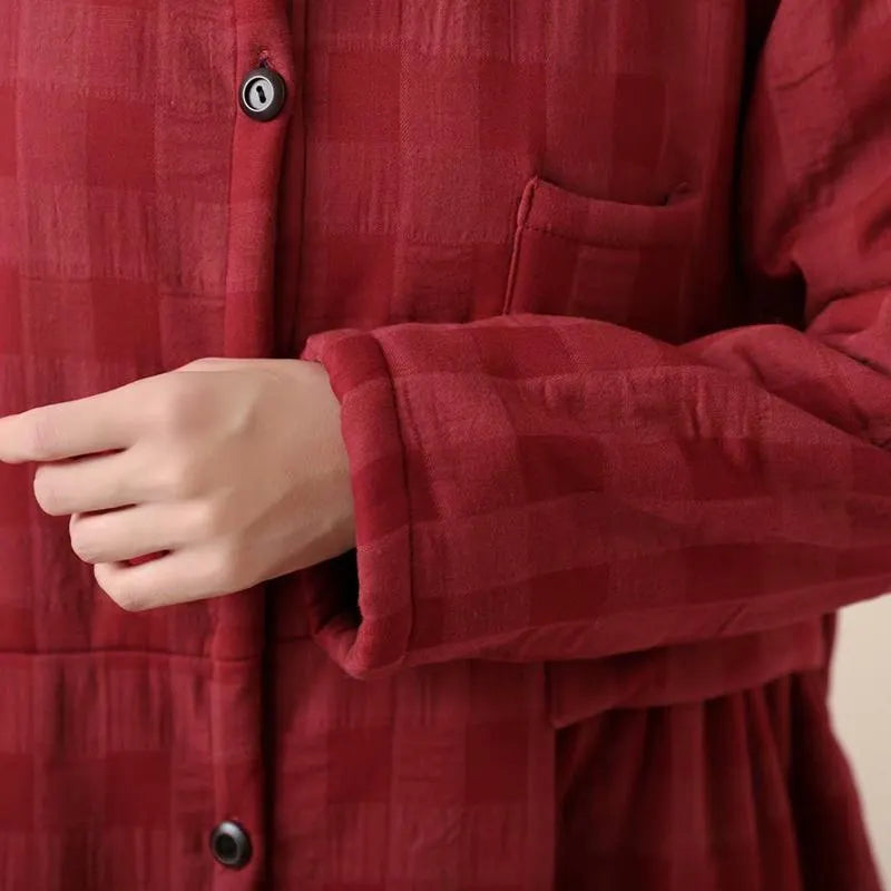 Thick Retro Cotton Linen Plaid Long Coat Dress