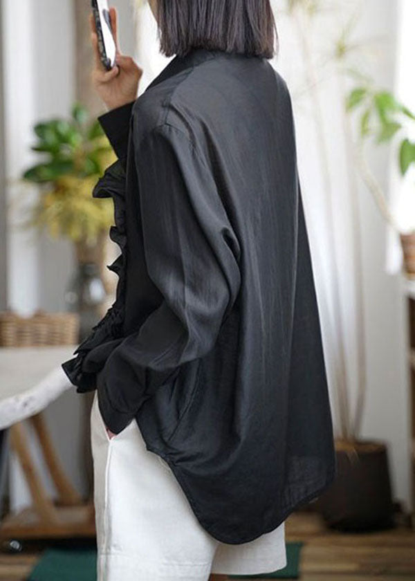 Black Peter Pan Collar Ruffled Patchwork Cotton Shirt Tops Fall