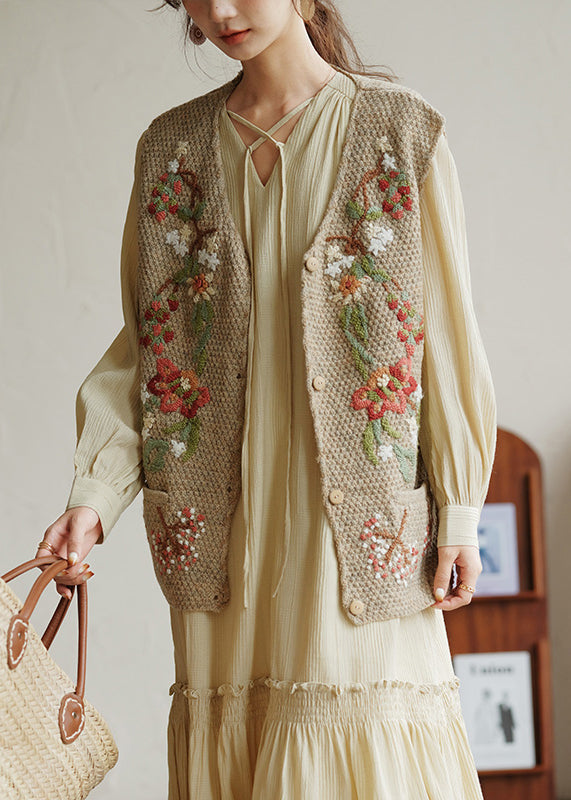 Khaki Embroideried Button Patchwork Knit Waistcoat Sleeveless