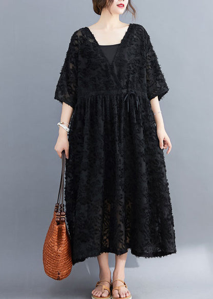 Black V Neck Embroidered Dress Two Pieces Set Half Sleeve