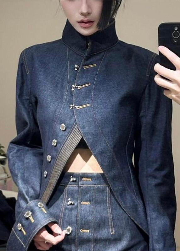 Blue Turtleneck Asymmetrical Patchwork Denim Coats and Skirts Two Pieces Set Spring