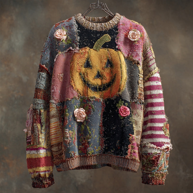 Halloween Pumpkin & Roses Embroidered Patchwork Knitted Sweater artswardrobe