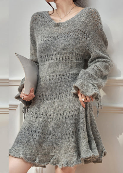 New Grey Ruffled Hollow Out Lace Up Knit Sweater Dress Fall