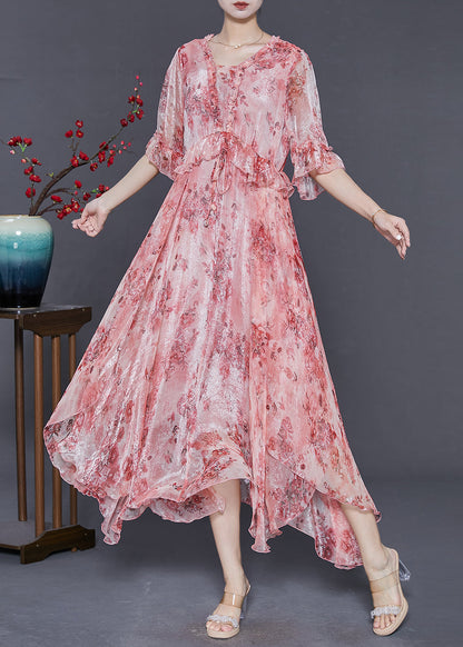 Pink Ruffled Print Silk Maxi Dresses Summer