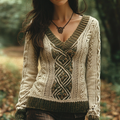 Vintage V-neck Knitted Two-tone Jacquard Aran Sweater artswardrobe