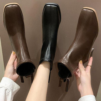 Comfortable Splicing Chunky Boots Brown Faux Leather Zippered Ankle Boots