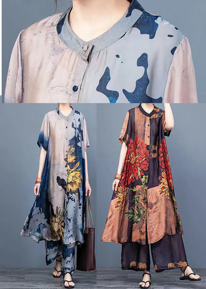 Coffee Print Silk Shirt Dress and Wide Leg Pants Two Pieces Set Thin Half Sleeve