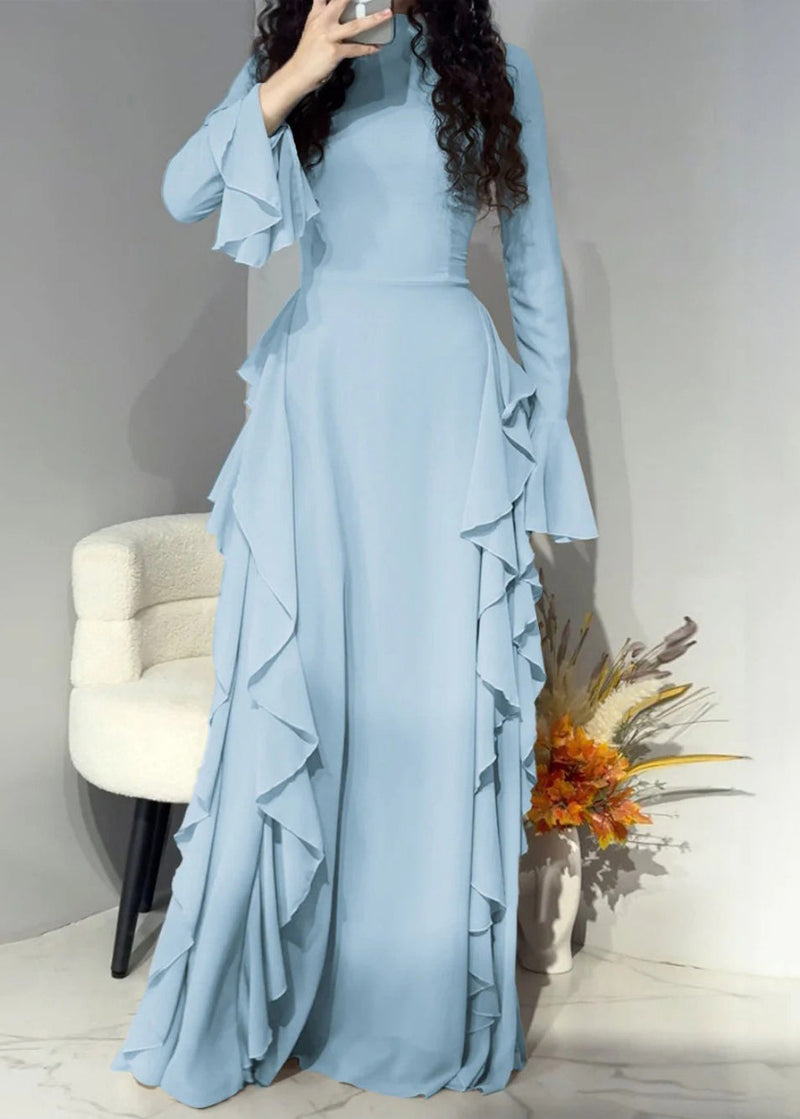 Pink High Waist Chiffon Maxi Dresses Flare Sleeve