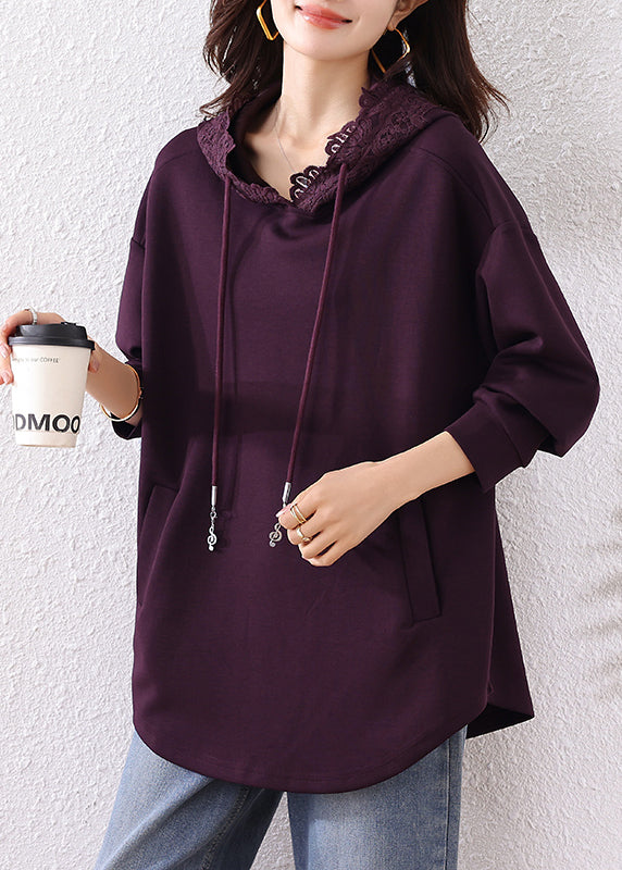 Purple Hooded Cotton Loose Sweatshirts Top Fall