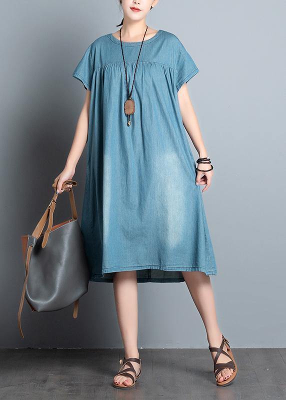Diy O Neck Pockets Cotton Short Sleeve Denim Blue Dress Summer