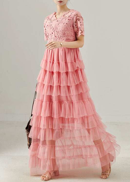 Pink V Neck Patchwork Tulle Long Dress Summer