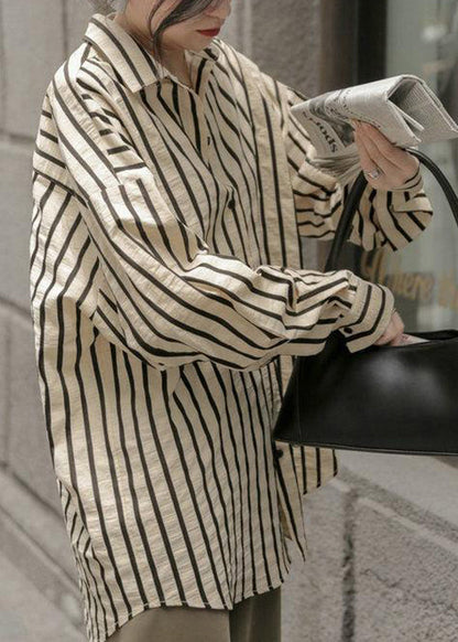 Apricot Striped Button Patchwork Cotton Blouse Fall