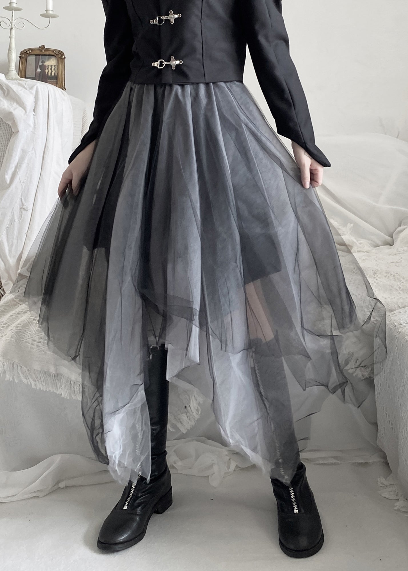 Diy Black Asymmetrical Wrinkled Tulle a Line Skirt Fall