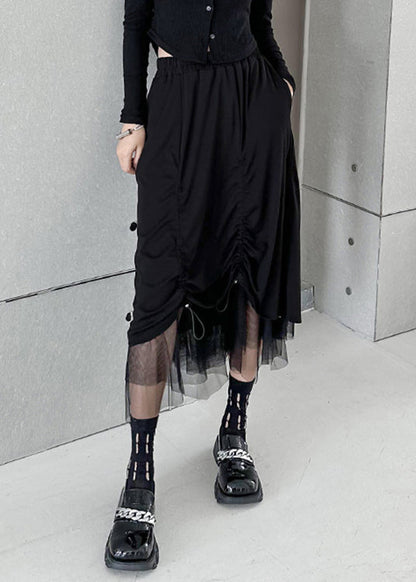 Black Drawstring Elastic Waist Tulle Patchwork Skirt Summer