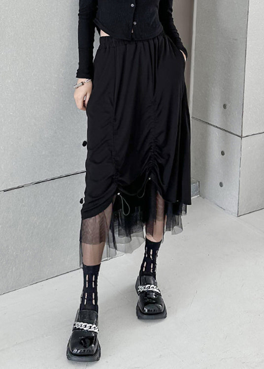 Black Drawstring Elastic Waist Tulle Patchwork Skirt Summer