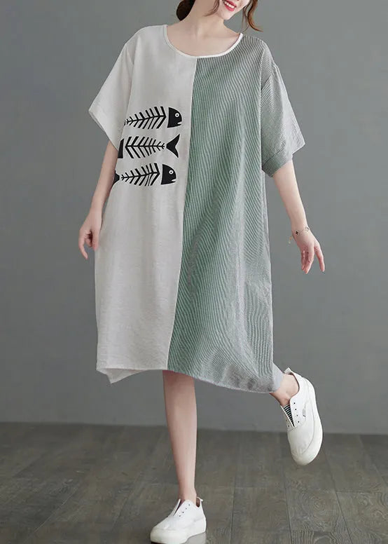 Boutique White O-neck Striped Patchwork Dress Short Sleeve