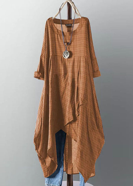 New Yellow O Neck Asymmetrical Plaid Cotton Dress Summer
