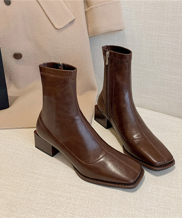 Brown Chunky Boots Splicing Zippered