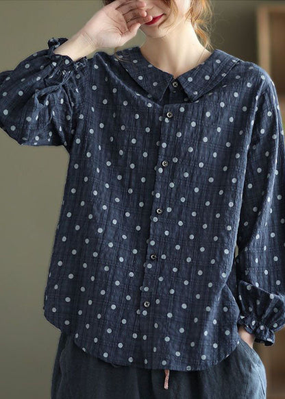Navy Button Peter Pan Collar Dot Print Shirt Top Lantern Sleeve