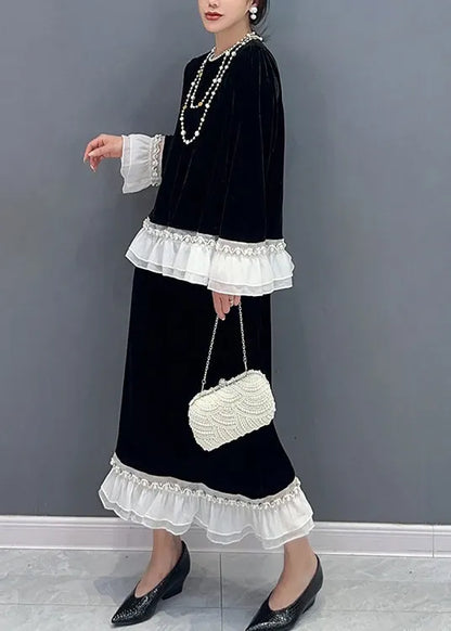 Classy Black O-neck Ruffled Tops and Skirts Velour Two Pieces Set Fall