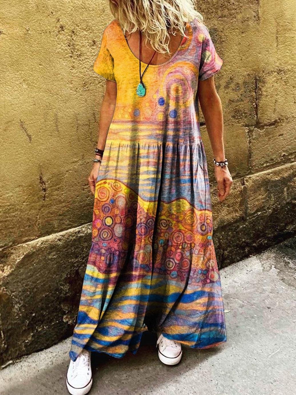 Women's Boho Retro Folk Art Print Pocket Short Sleeve Cotton Dress