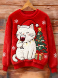 Christmas Wine Tasting Cat Embroidered Sweater