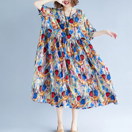 Fine Blue Linen Dresses Loose Fitting Short Sleeve Print Cotton Maxi Dress Fine O Neck Caftans