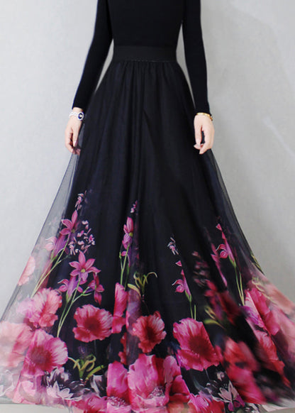 New Black Print High Waist Tulle Skirt Spring
