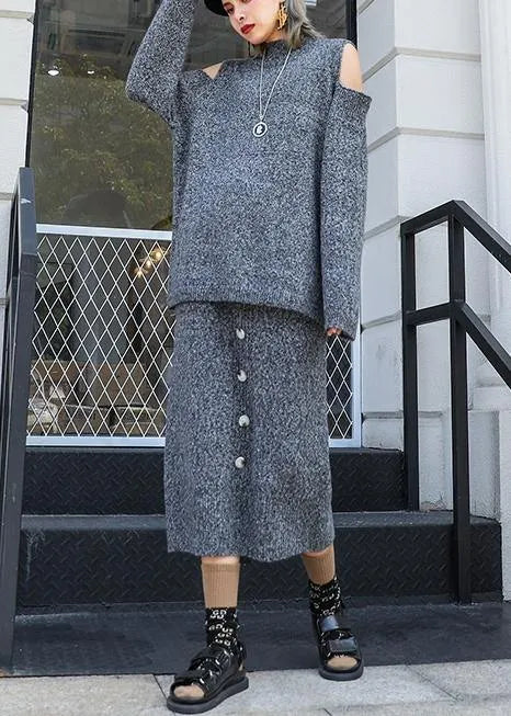 Autumn Knitted Gray Set Two-piece Skirt New Sweater Skirt Set