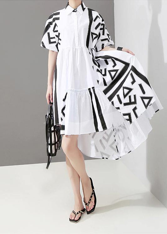 Geometric Printed Woman Summer Stylish White Midi Shirt Dress
