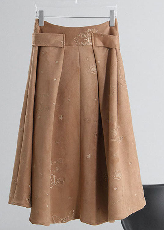 Simple Khaki Tie Waist Embroideried Corduroy Skirts Spring