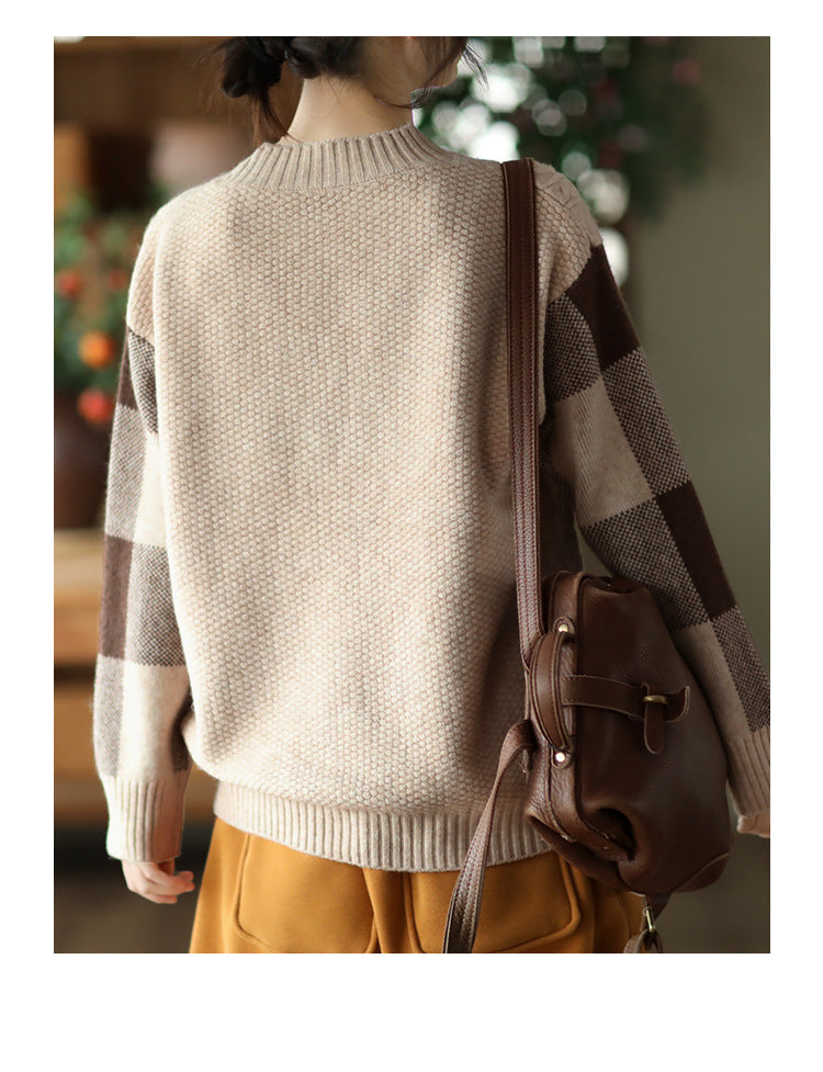Retro Thick Jacquard Knit Color Block Three-dimensional Sweater