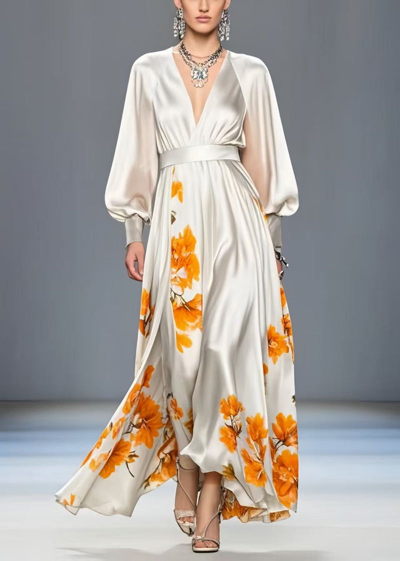 White V Neck Print Silk Cinched Dress Spring