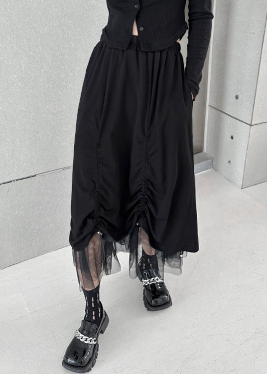 Black Drawstring Elastic Waist Tulle Patchwork Skirt Summer