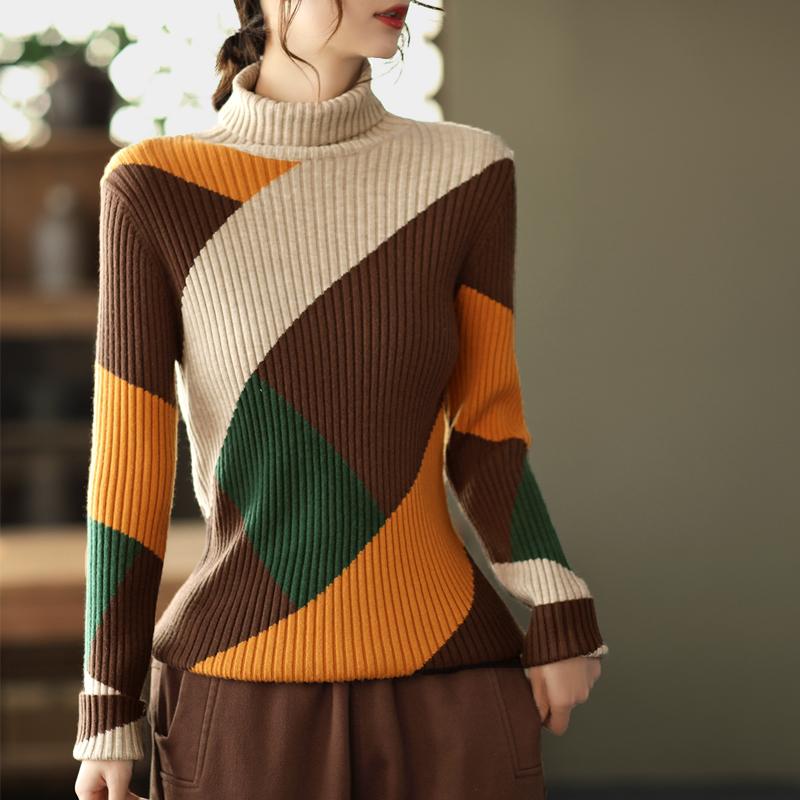 Winter Color Matching Slim Turtleneck Knitted Sweater