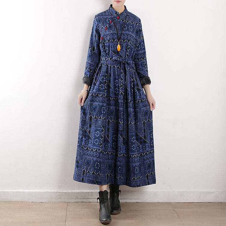 Winter Retro Print Cotton Linen Furred Dress
