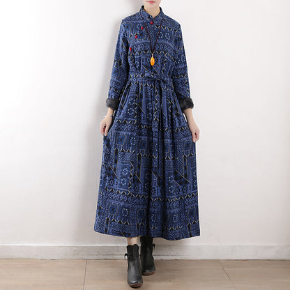 Winter Retro Print Cotton Linen Furred Dress