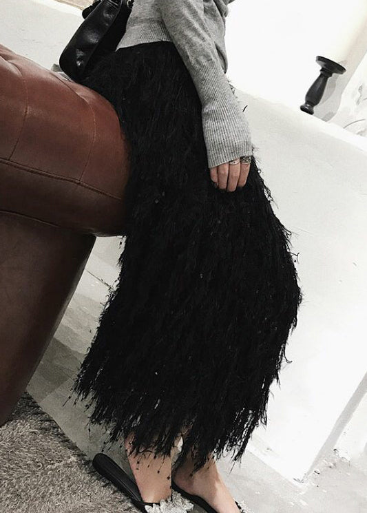 Black Feather Knit Spring Skirts High Waist