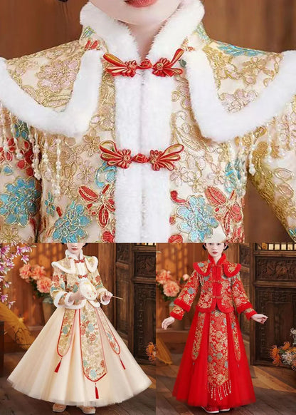 Art Red Embroideried Warm Fleece Kids Coats and Maxi Skirts Two Piece Set Long Sleeve