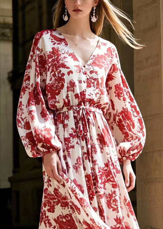 Red Print Tie Waist Chiffon Robe Dresses Spring