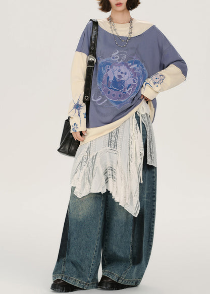 Lavender Oversized Patchwork Cotton Sweatshirt Spring