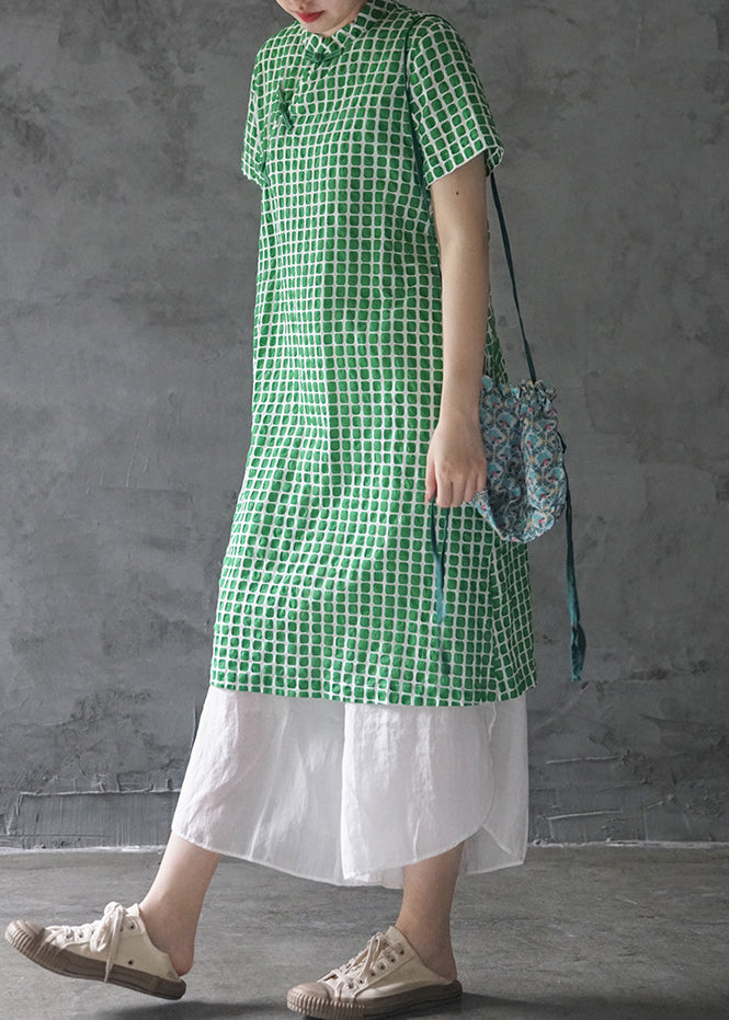 Green Mandarin Collar Button Plaid Cotton Dresses Short Sleeve