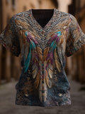 Western Sculpted Style Three-dimensional Feather Gem V-neck Vintage Short-sleeved Shirt elevenforest