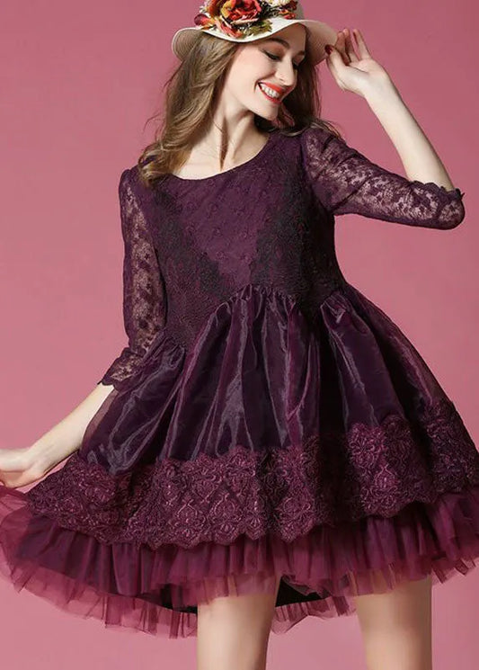 Dark Purple Embroideried Lace Patchwork Organza Mini Dresses Summer