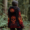 Women's Vintage Flame Skull And Flower Art Cozy Knit Jacquard Hooded Sweater artswardrobe