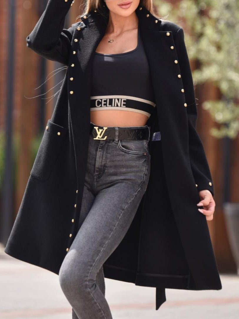Coats Simple Double Breasted Rivet Lapel Wool Coat