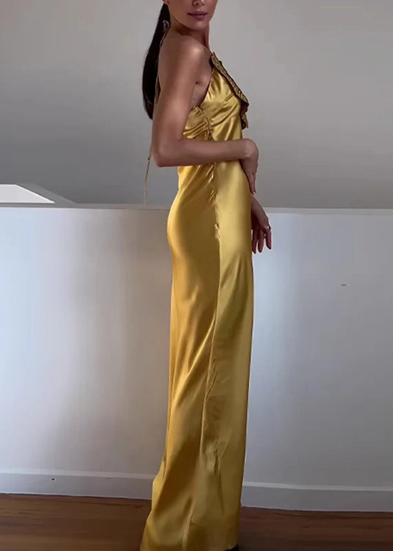 Stylish Yellow Nail Bead Silk Party Dress Sleeveless